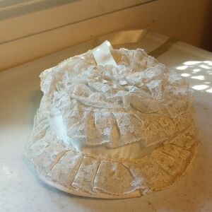 Vintage Creamy White Fancy Lace Girl's Easter Hat w/ Ribbon & Flower, As Is